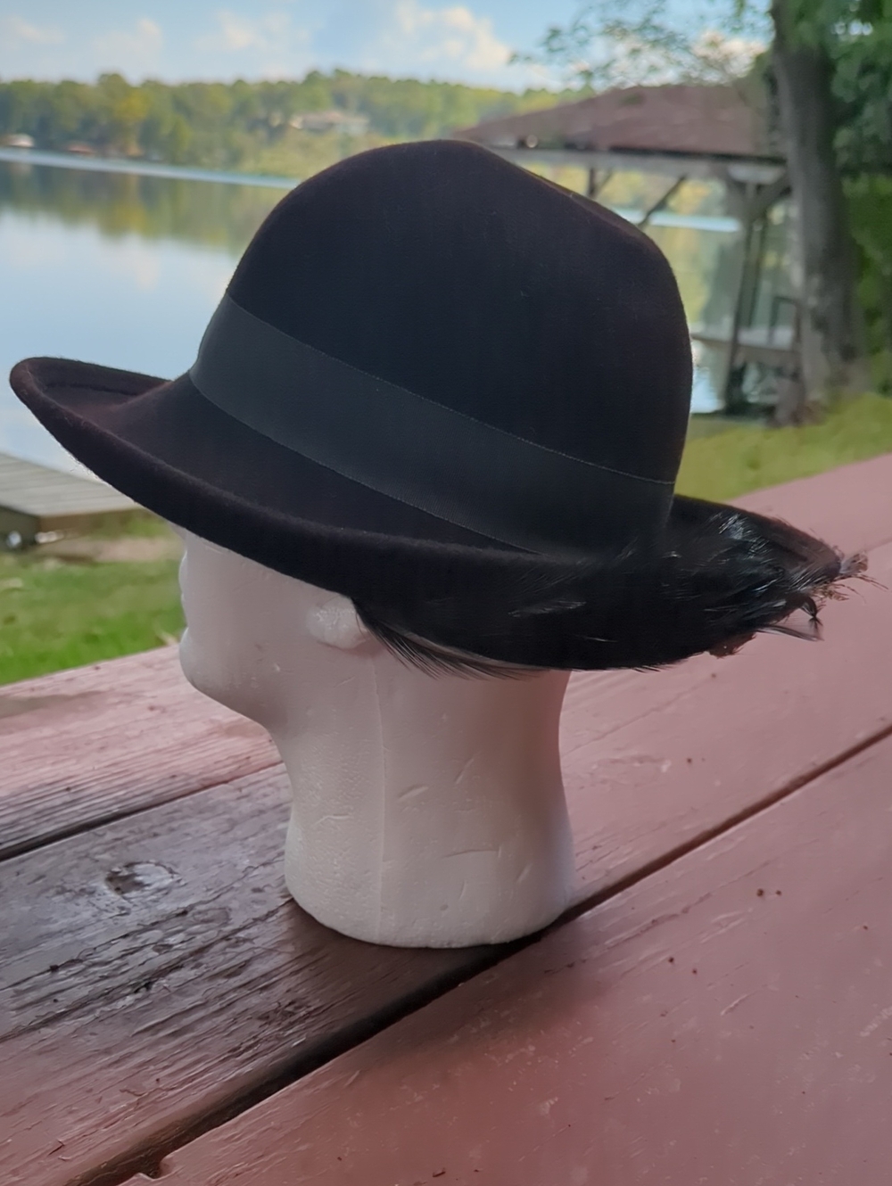 DOESKIN Dark Brown Wool Felt Vintage Hat with Feather Trim